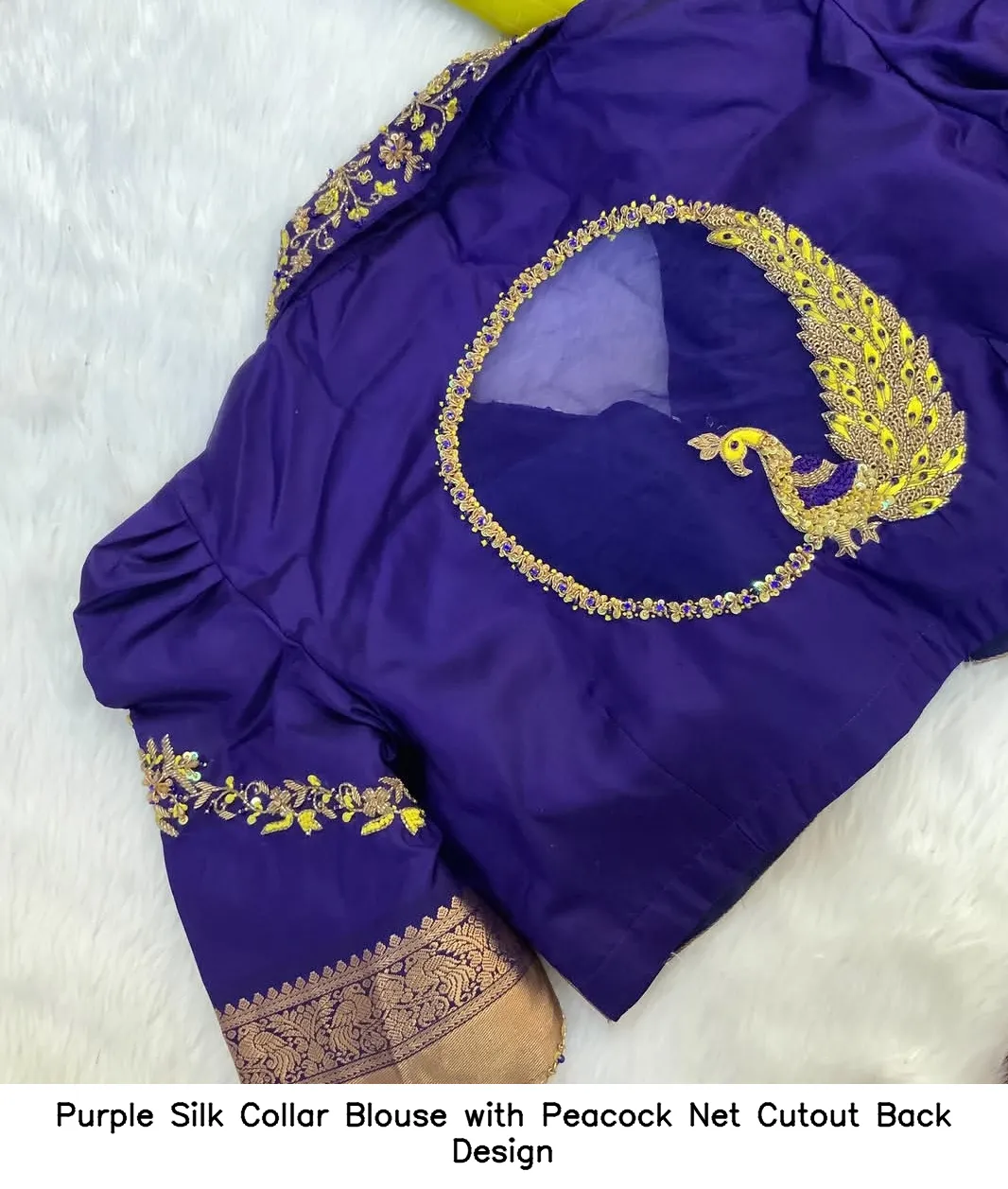 Purple Silk Collar Blouse with Peacock Net Cutout Back Design