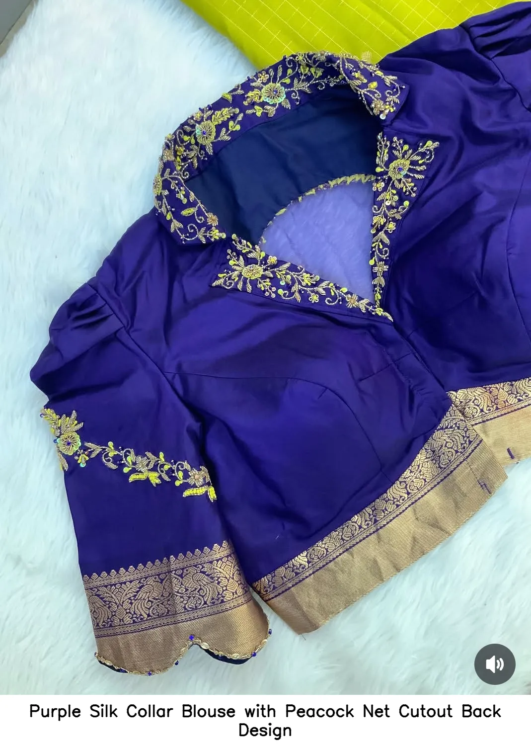 Purple Silk Collar Blouse with Peacock Net Cutout Back Design