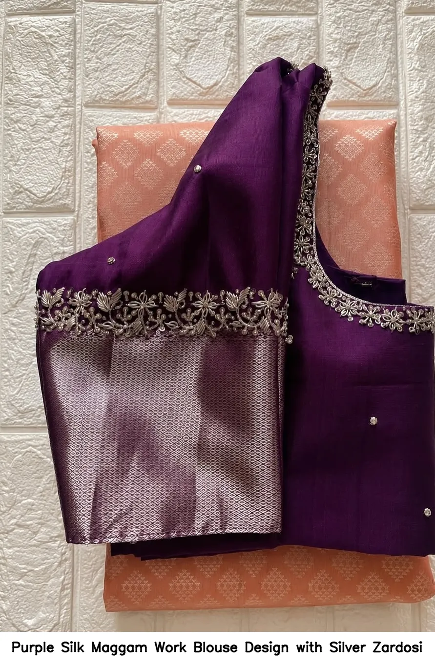 Purple Silk Maggam Work Blouse Design with Silver Zardosi