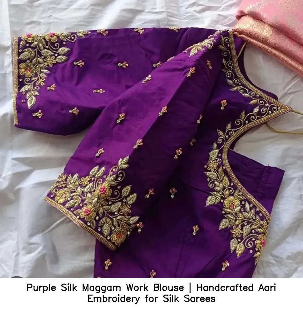 Purple Silk Maggam Work Blouse | Handcrafted Aari Embroidery for Silk Sarees