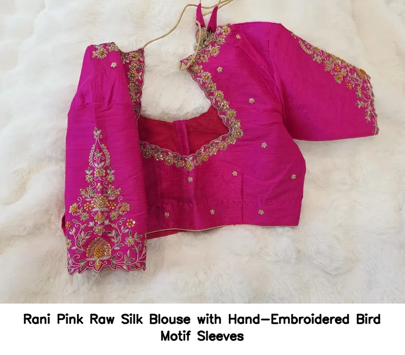 Rani Pink Raw Silk Blouse with Hand-Embroidered Bird Motif Sleeves