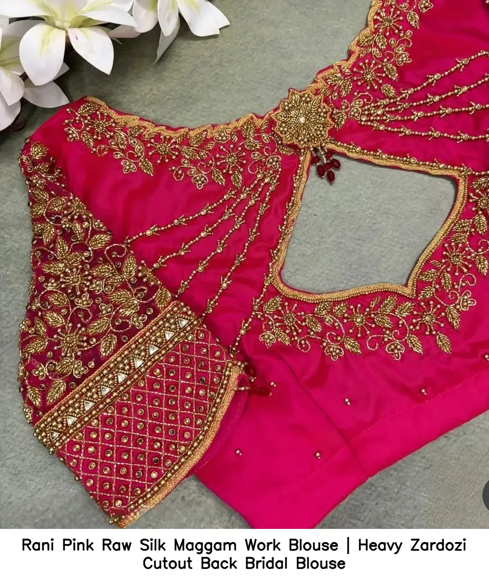 Rani Pink Raw Silk Maggam Work Blouse | Heavy Zardozi Cutout Back Bridal Blouse