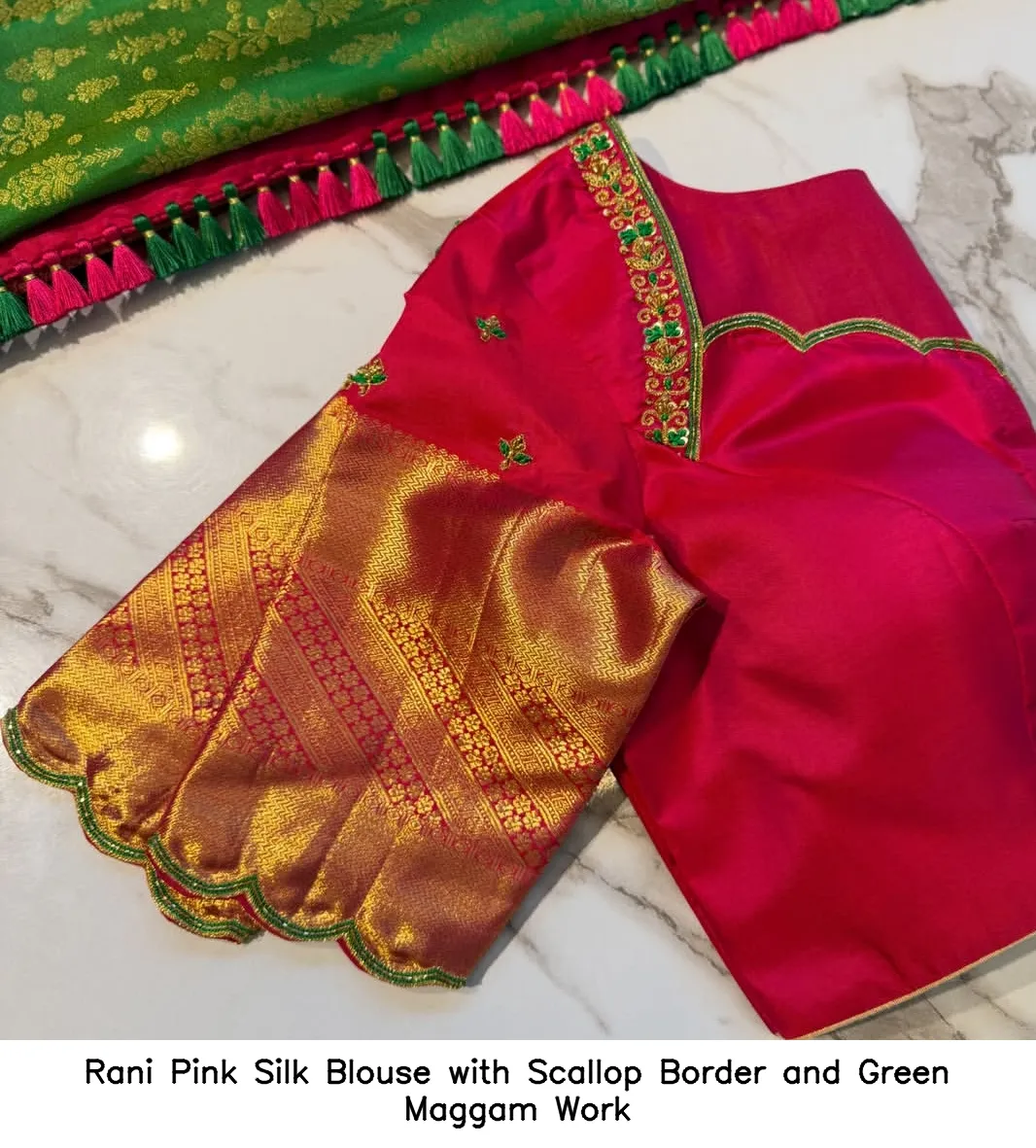 Rani Pink Silk Blouse with Scallop Border and Green Maggam Work