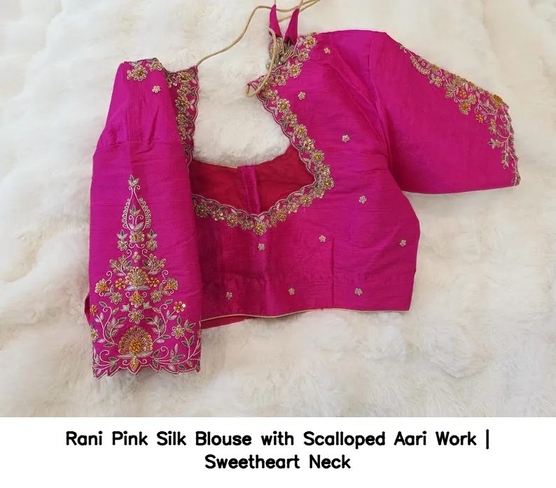 Rani Pink Silk Blouse with Scalloped Aari Work | Sweetheart Neck