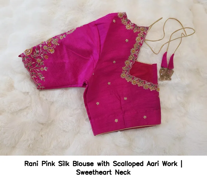 Rani Pink Silk Blouse with Scalloped Aari Work | Sweetheart Neck