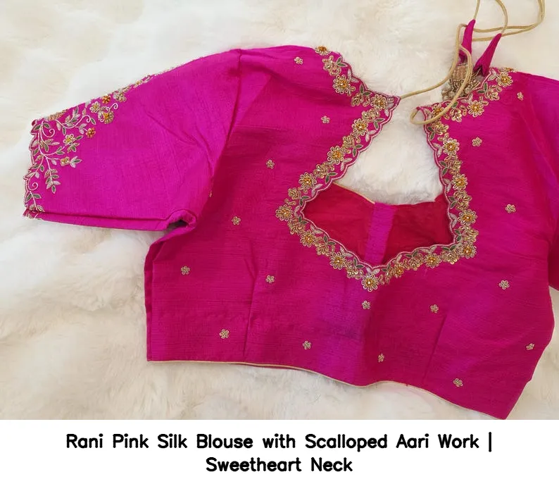 Rani Pink Silk Blouse with Scalloped Aari Work | Sweetheart Neck