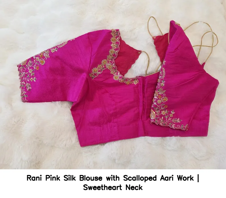 Rani Pink Silk Blouse with Scalloped Aari Work | Sweetheart Neck