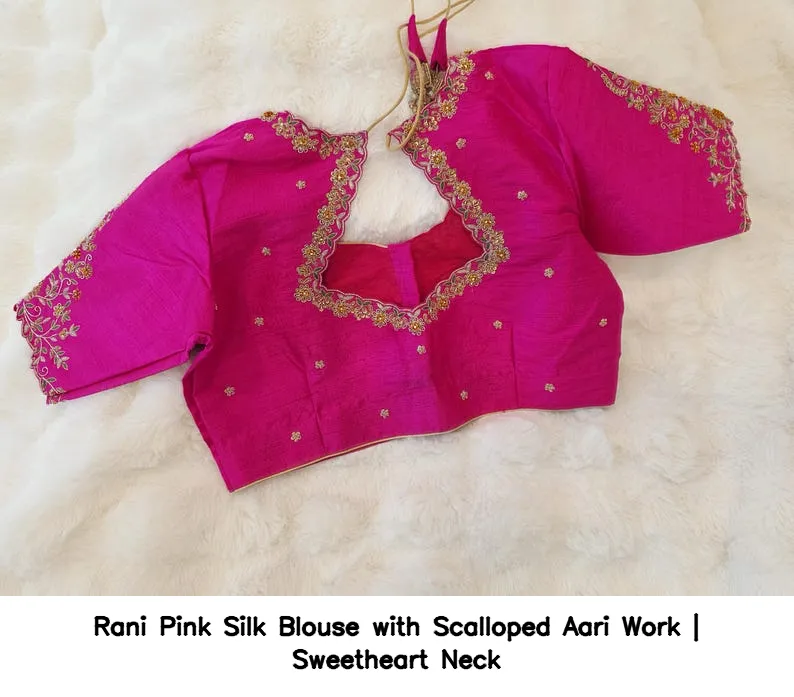 Rani Pink Silk Blouse with Scalloped Aari Work | Sweetheart Neck