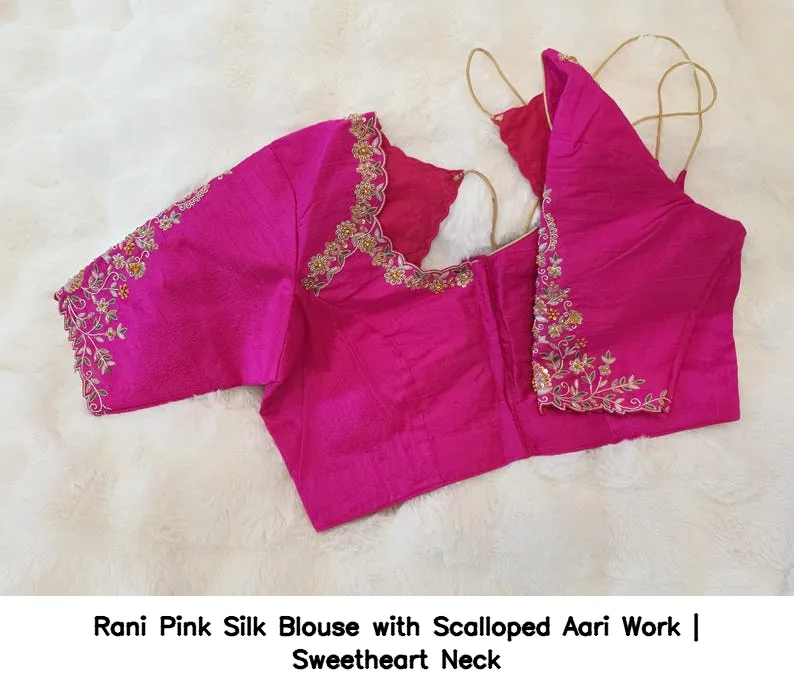 Rani Pink Silk Blouse with Scalloped Aari Work | Sweetheart Neck