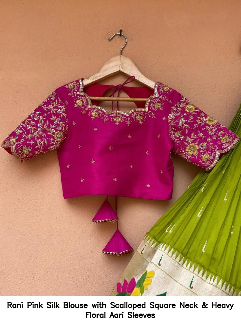 Rani Pink Silk Blouse with Scalloped Square Neck & Heavy Floral Aari Sleeves