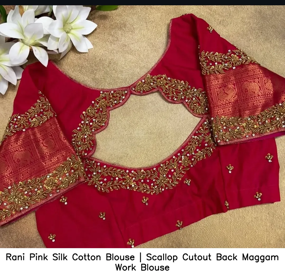 Rani Pink Silk Cotton Blouse | Scallop Cutout Back Maggam Work Blouse