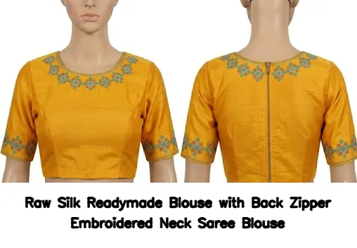 Raw Silk Readymade Blouse with Back Zipper – Embroidered Neck Saree Blouse