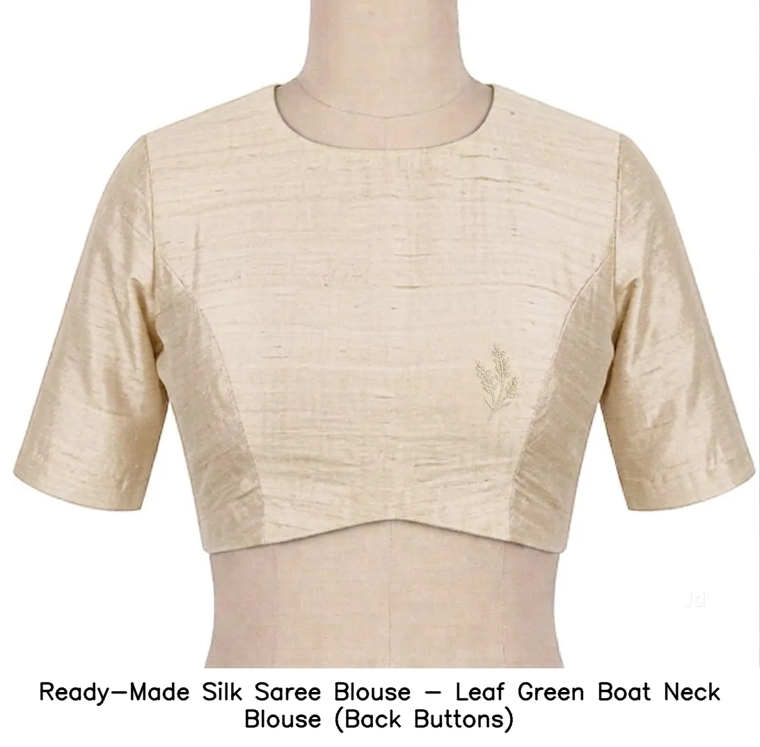 Ready-Made Silk Saree Blouse - Leaf Green Boat Neck Blouse (Back Buttons)