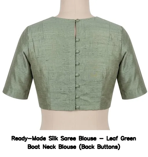Ready-Made Silk Saree Blouse - Leaf Green Boat Neck Blouse (Back Buttons)