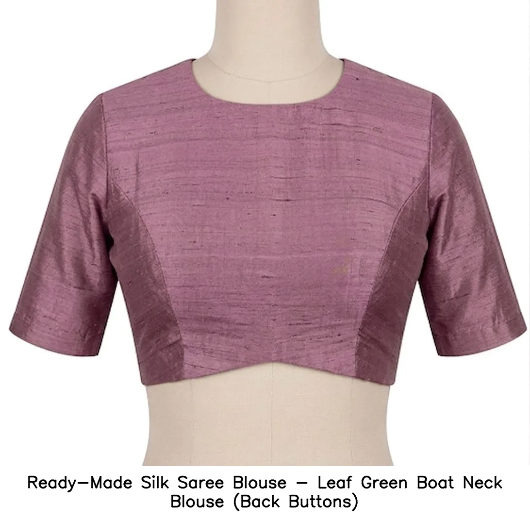 Ready-Made Silk Saree Blouse - Leaf Green Boat Neck Blouse (Back Buttons)