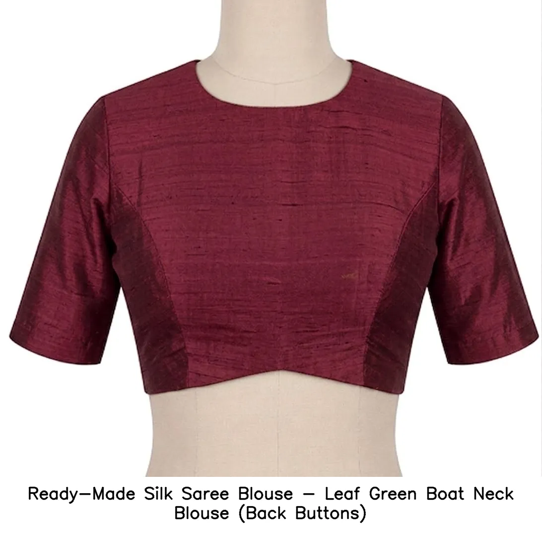Ready-Made Silk Saree Blouse - Leaf Green Boat Neck Blouse (Back Buttons)
