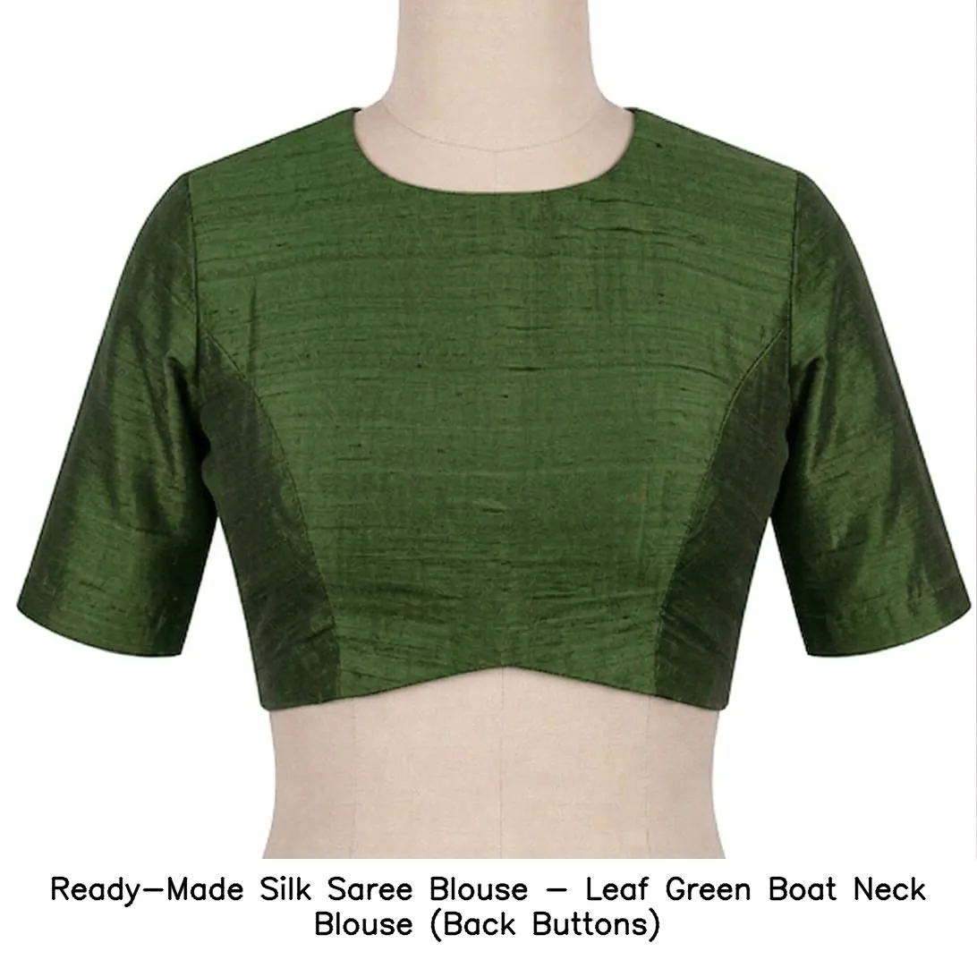 Ready-Made Silk Saree Blouse - Leaf Green Boat Neck Blouse (Back Buttons)