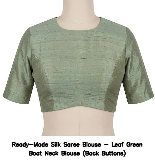 Ready-Made Silk Saree Blouse - Leaf Green Boat Neck Blouse (Back Buttons)
