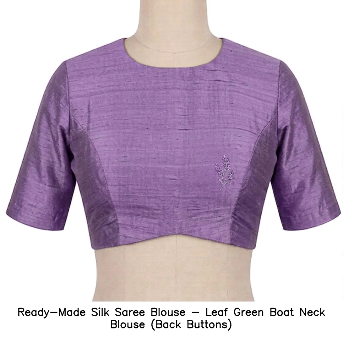 Ready-Made Silk Saree Blouse - Leaf Green Boat Neck Blouse (Back Buttons)