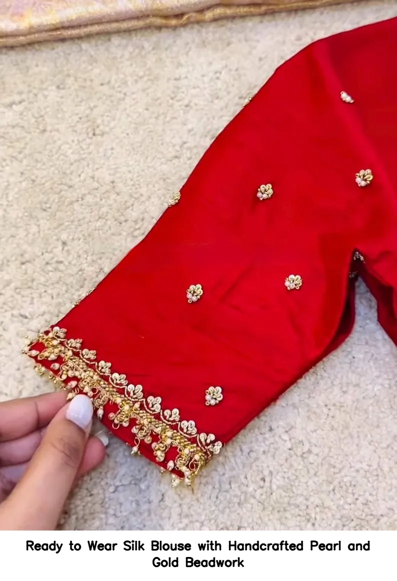Ready to Wear Silk Blouse with Handcrafted Pearl and Gold Beadwork 1