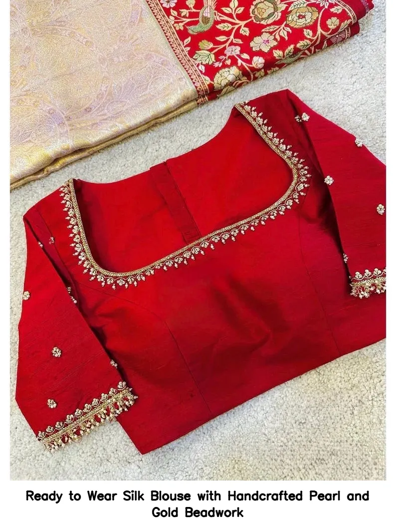 Ready to Wear Silk Blouse with Handcrafted Pearl and Gold Beadwork 4