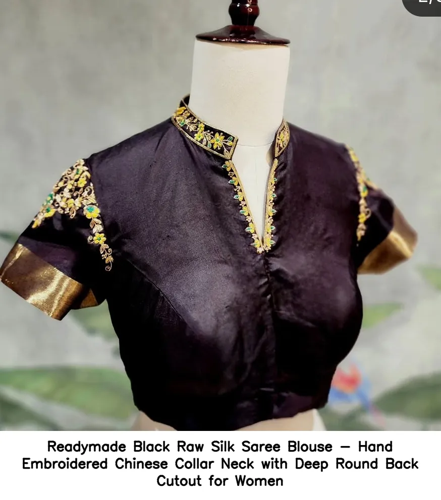 Readymade Black Raw Silk Saree Blouse - Hand Embroidered Chinese Collar Neck with Deep Round Back Cutout for Women