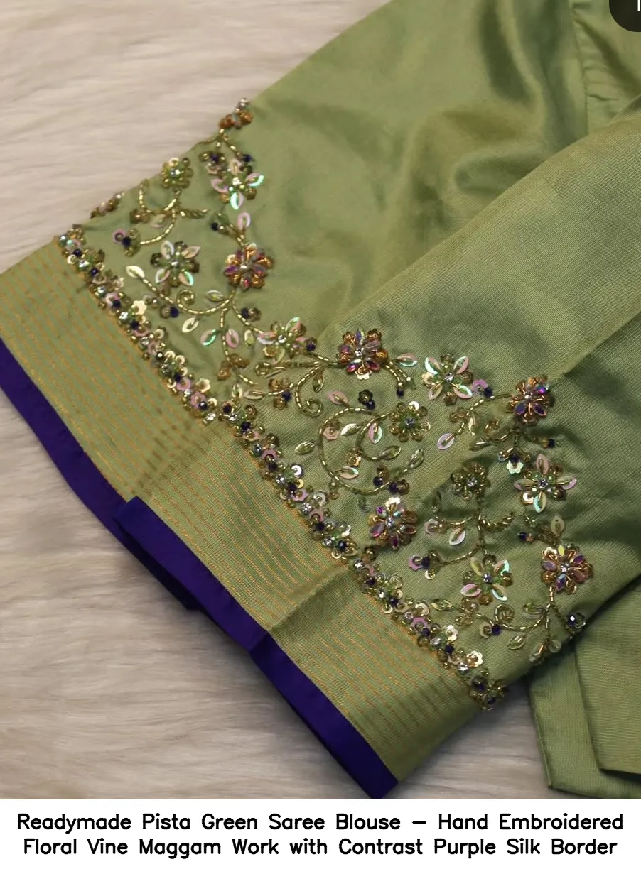 Readymade Pista Green Saree Blouse - Hand Embroidered Floral Vine Maggam Work with Contrast Purple Silk Border