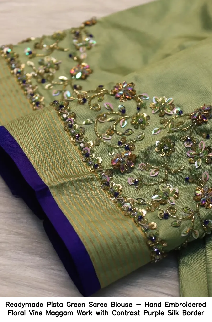 Readymade Pista Green Saree Blouse - Hand Embroidered Floral Vine Maggam Work with Contrast Purple Silk Border