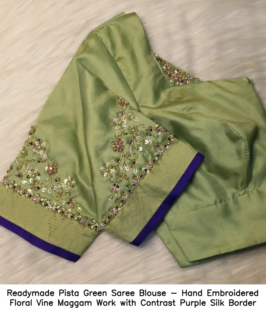 Readymade Pista Green Saree Blouse - Hand Embroidered Floral Vine Maggam Work with Contrast Purple Silk Border
