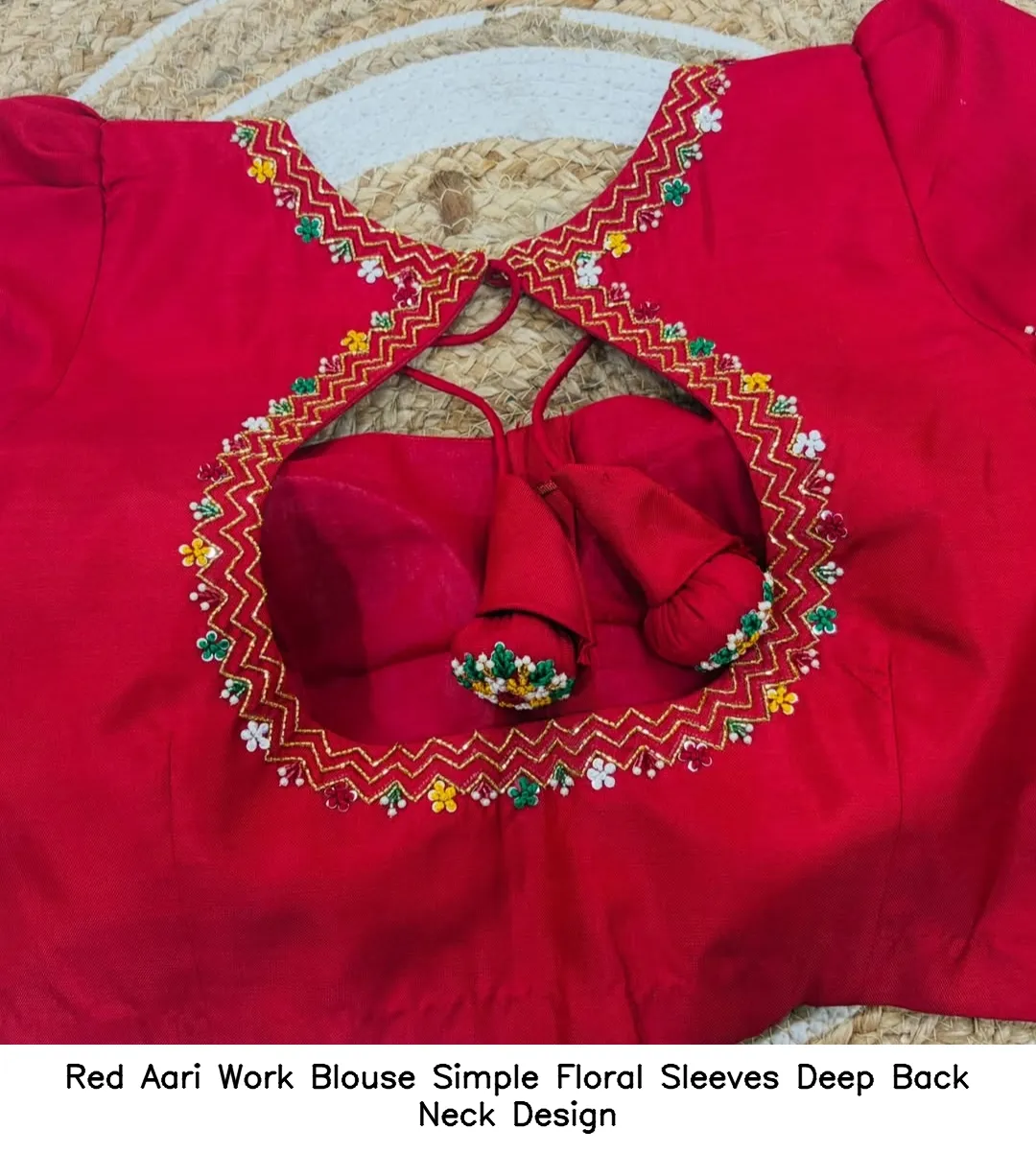 Red Aari Work Blouse Simple Floral Sleeves Deep Back Neck Design
