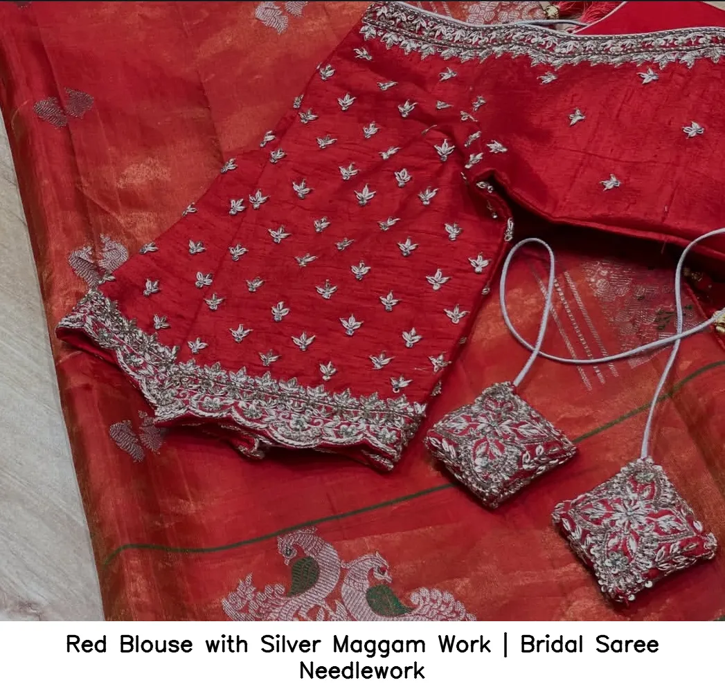 Red Blouse with Silver Maggam Work | Bridal Saree Needlework –