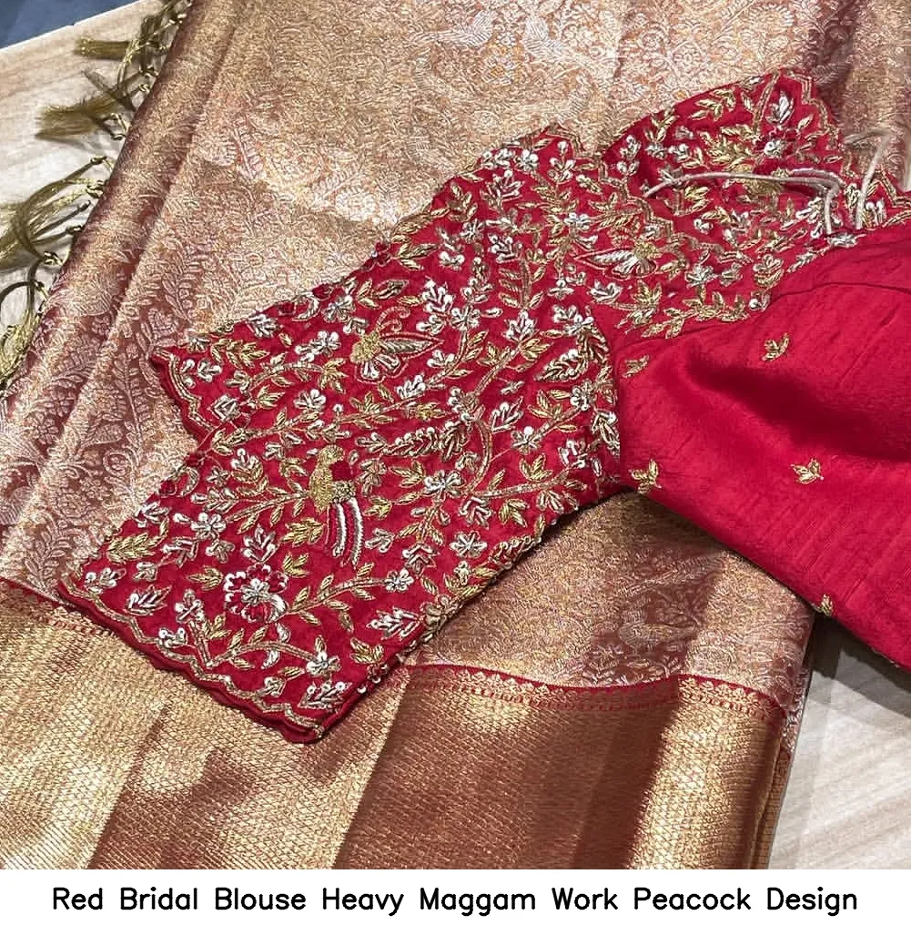 Red Bridal Blouse Heavy Maggam Work Peacock Design