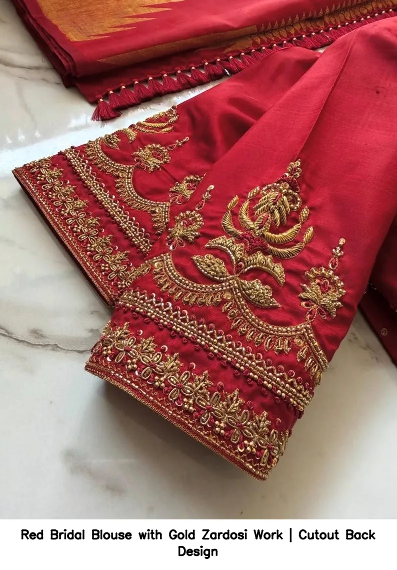 Red Bridal Blouse with Gold Zardosi Work | Cutout Back Design