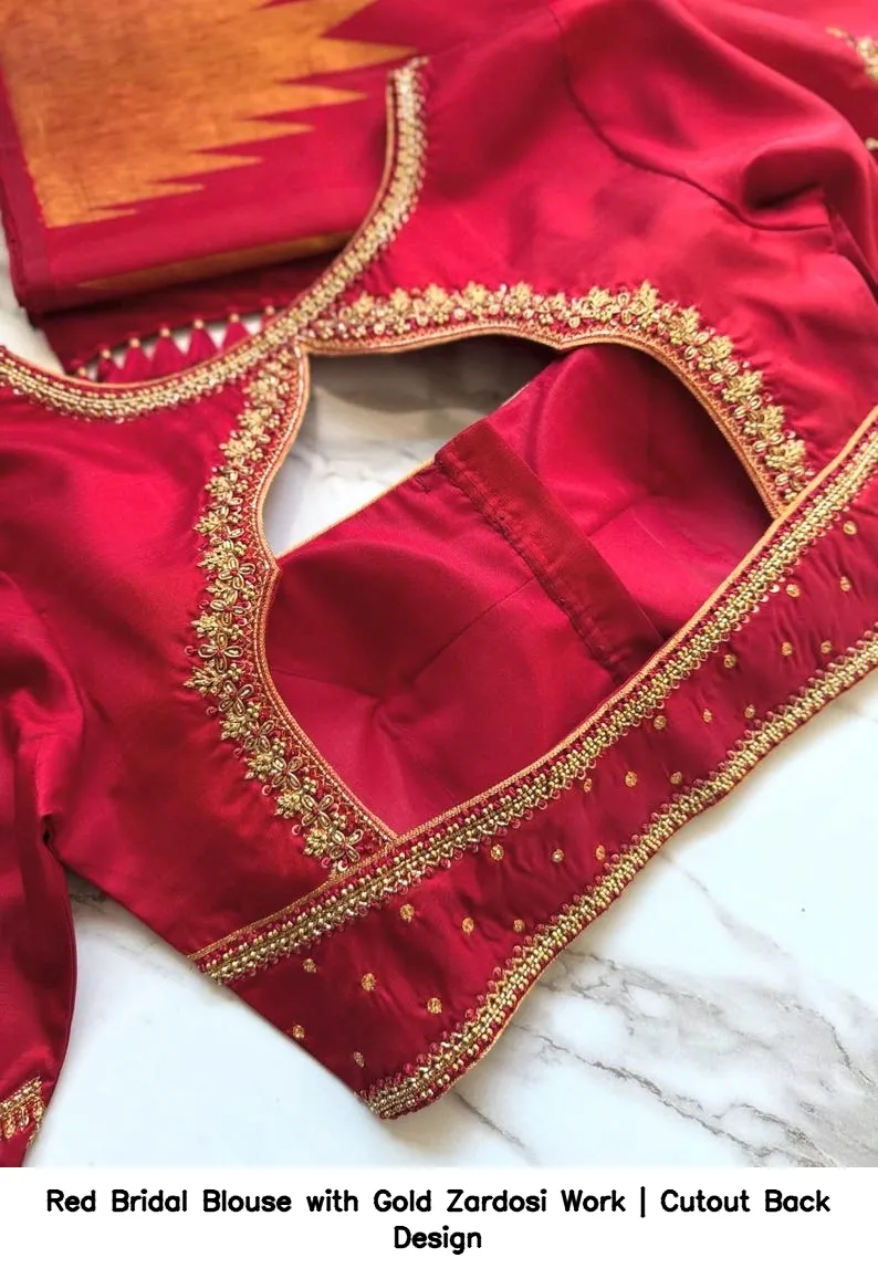 Red Bridal Blouse with Gold Zardosi Work | Cutout Back Design