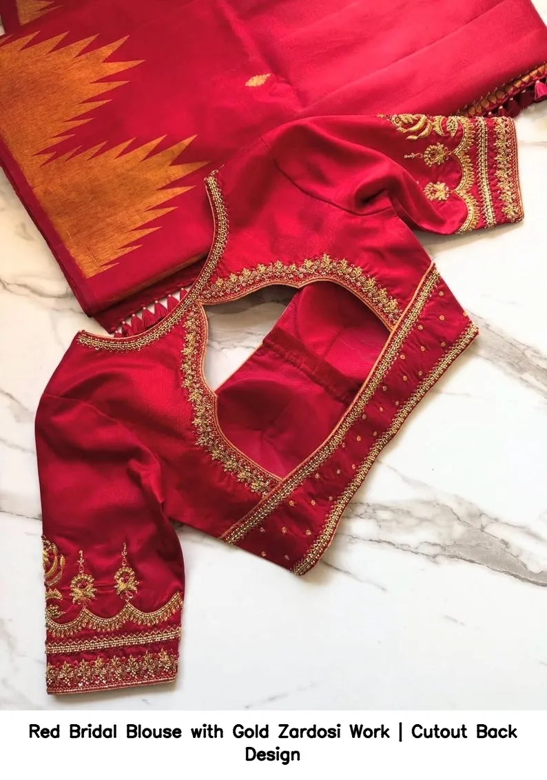 Red Bridal Blouse with Gold Zardosi Work | Cutout Back Design