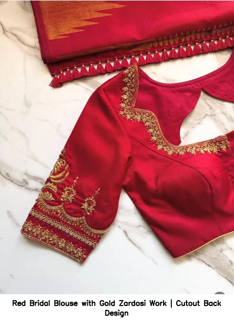 Red Bridal Blouse with Gold Zardosi Work | Cutout Back Design