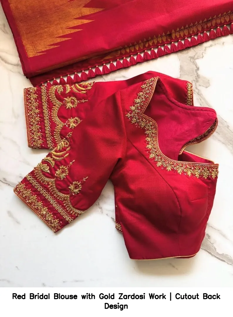 Red Bridal Blouse with Gold Zardosi Work | Cutout Back Design
