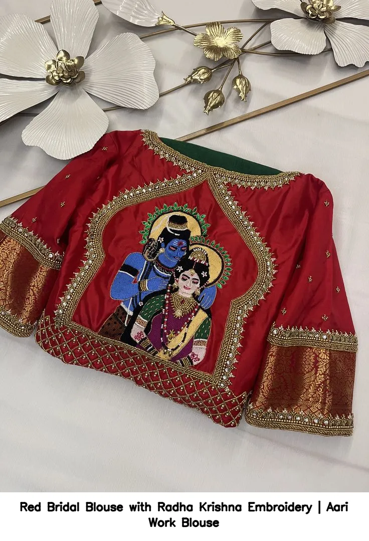 Red Bridal Blouse with Radha Krishna Embroidery | Aari Work Blouse