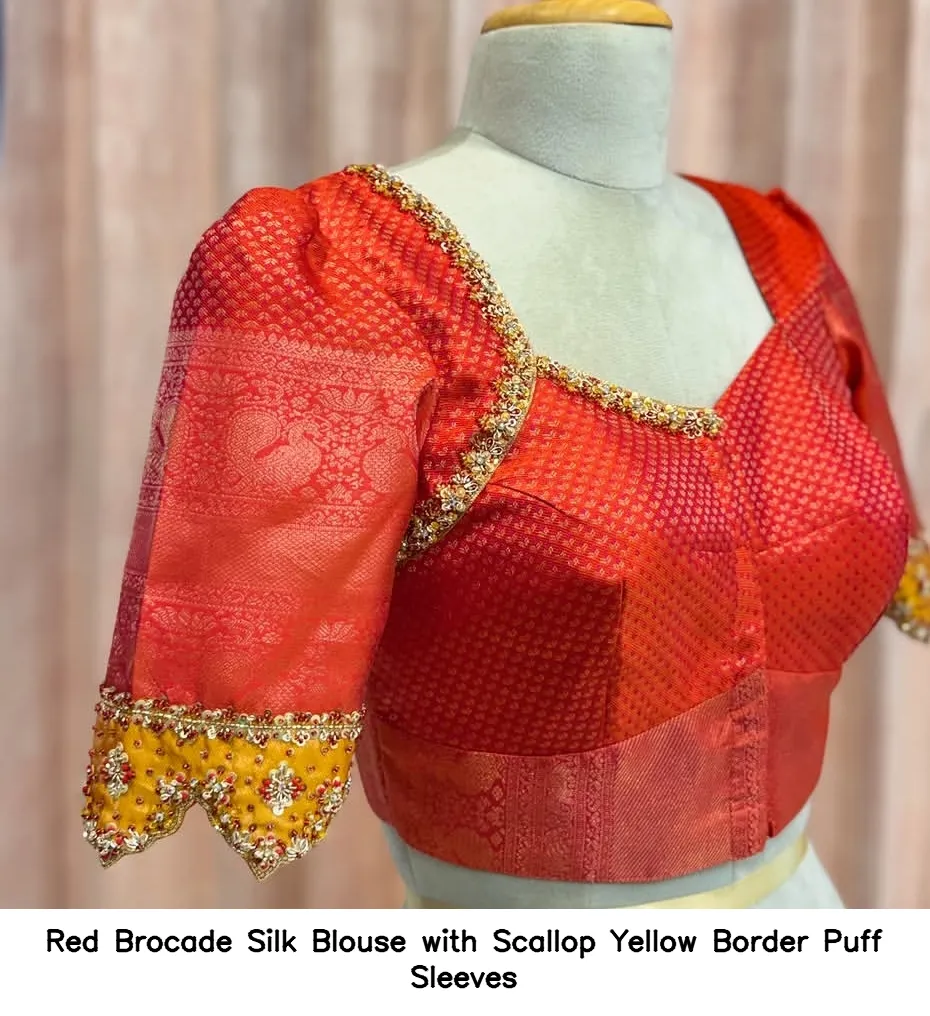 Red Brocade Silk Blouse with Scallop Yellow Border Puff Sleeves