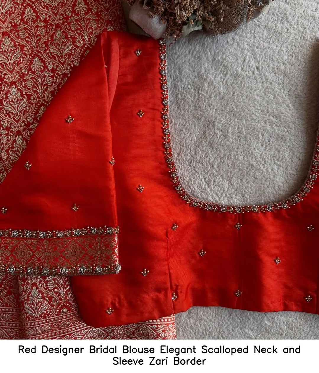 Red Designer Bridal Blouse Elegant Scalloped Neck and Sleeve Zari Border