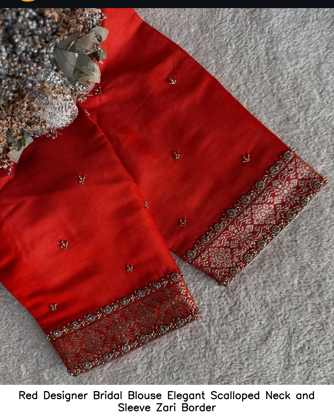 Red Designer Bridal Blouse Elegant Scalloped Neck and Sleeve Zari Border