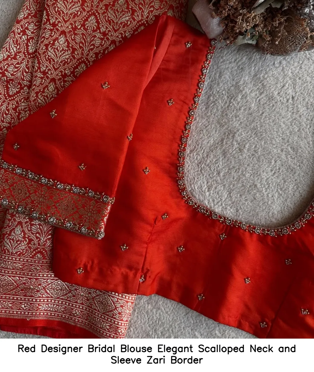 Red Designer Bridal Blouse Elegant Scalloped Neck and Sleeve Zari Border