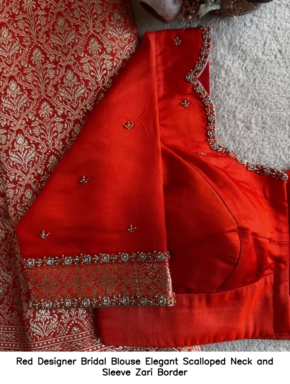 Red Designer Bridal Blouse Elegant Scalloped Neck and Sleeve Zari Border