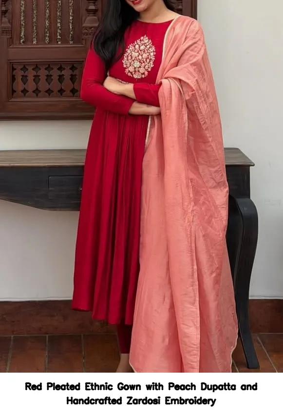 Red Pleated Ethnic Gown with Peach Dupatta and Handcrafted Zardosi Embroidery