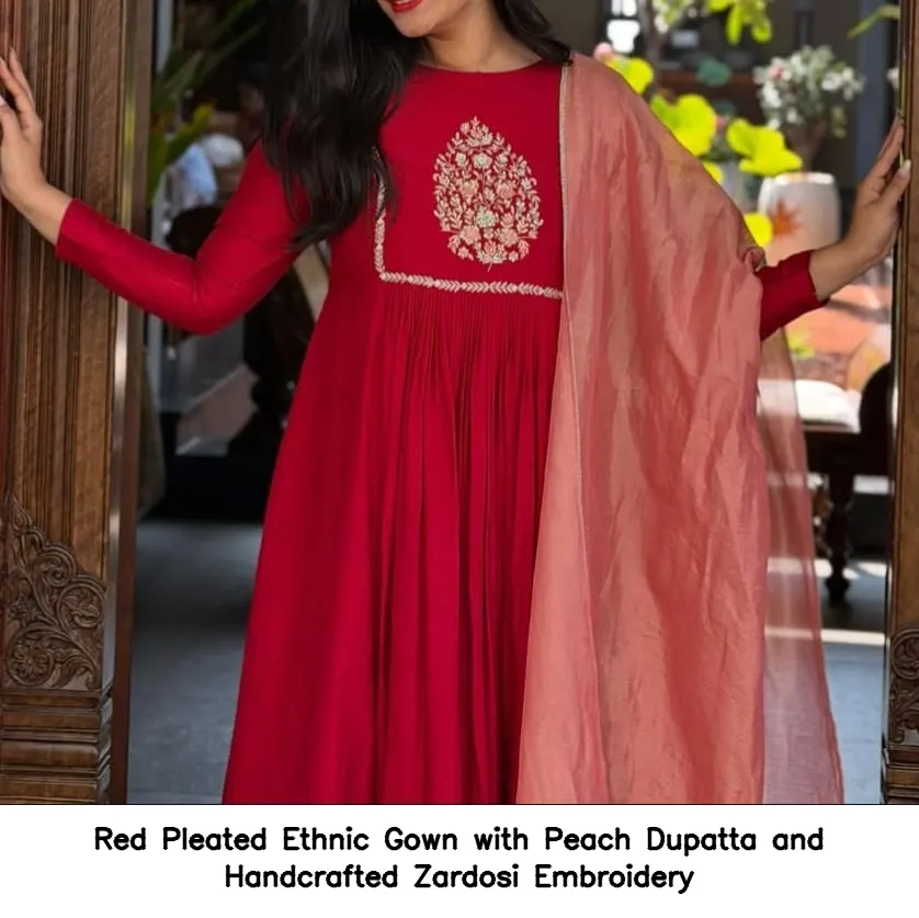 Red Pleated Ethnic Gown with Peach Dupatta and Handcrafted Zardosi Embroidery 2