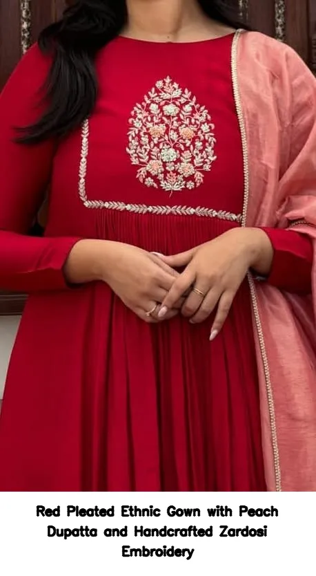 Red Pleated Ethnic Gown with Peach Dupatta and Handcrafted Zardosi Embroidery 3