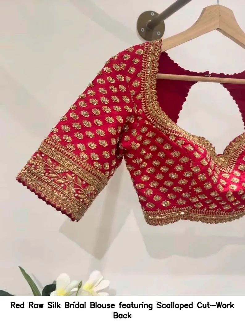 Red Raw Silk Bridal Blouse featuring Scalloped Cut-Work Back