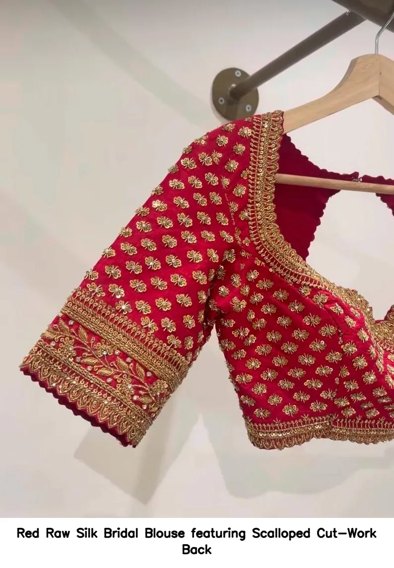 Red Raw Silk Bridal Blouse featuring Scalloped Cut-Work Back