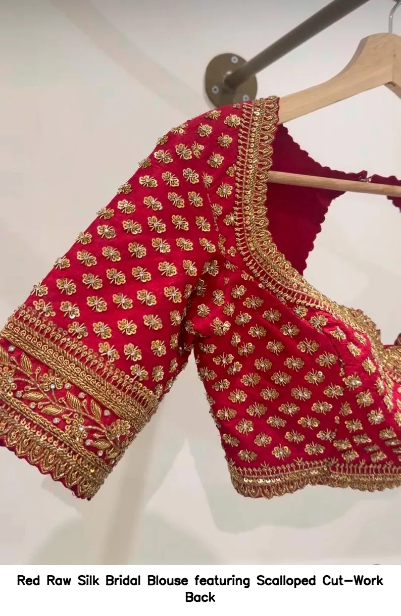 Red Raw Silk Bridal Blouse featuring Scalloped Cut-Work Back