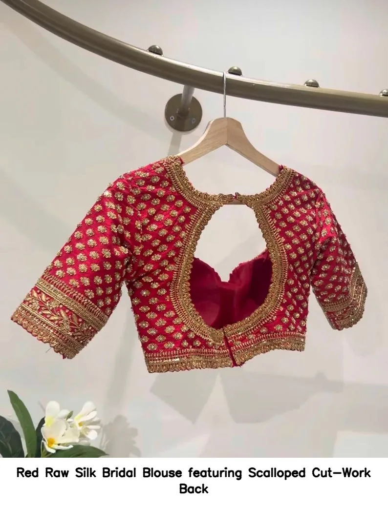 Red Raw Silk Bridal Blouse featuring Scalloped Cut-Work Back